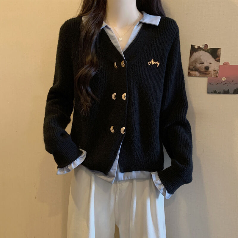 女装假两件翻领针织开衫毛衣外套女春季大胖mm宽松显瘦正肩衣