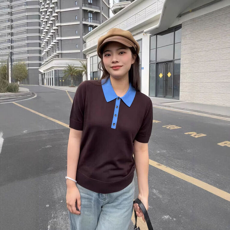 女装含羊毛翻领半系扣短袖束腰短袖POLO领针织衫T恤